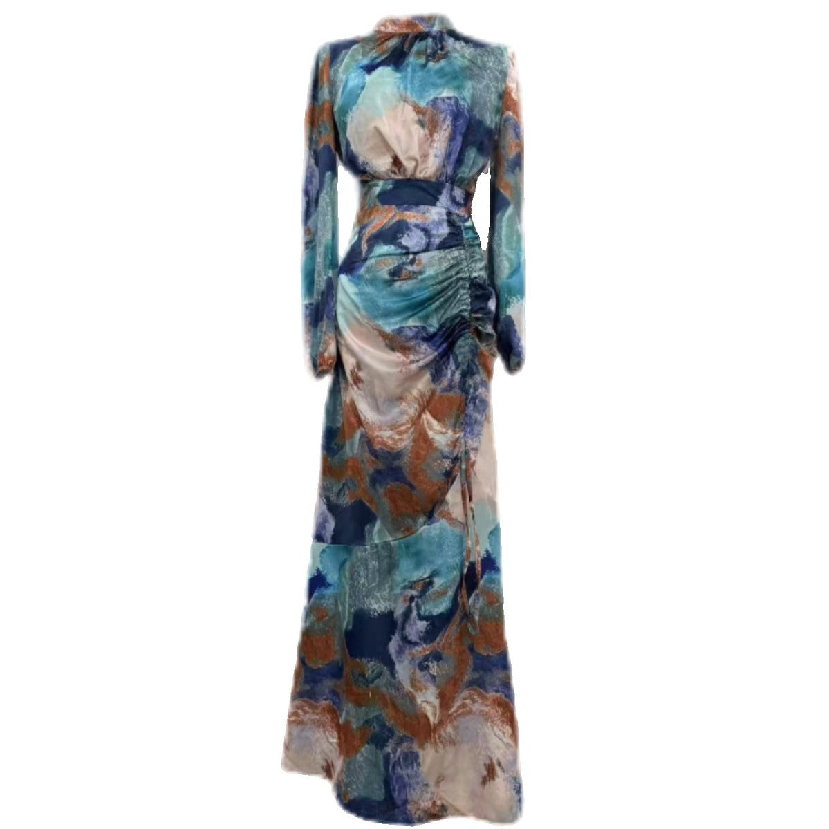 A Pleated Waist-cinching Long-sleeved Dress