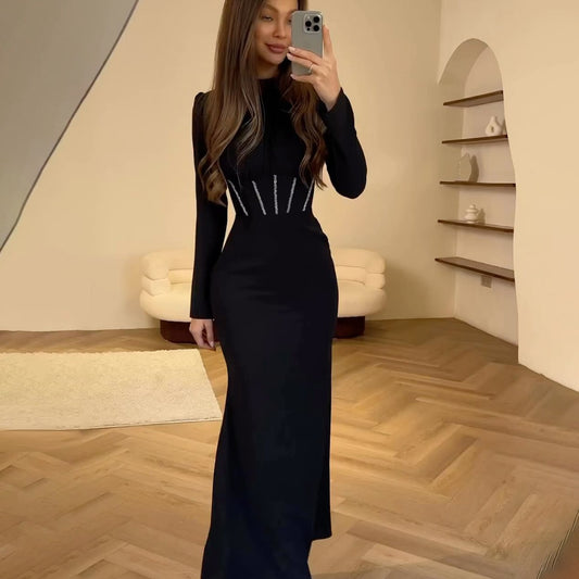 Slim Long-sleeved Pleated Tie Irregular Dress