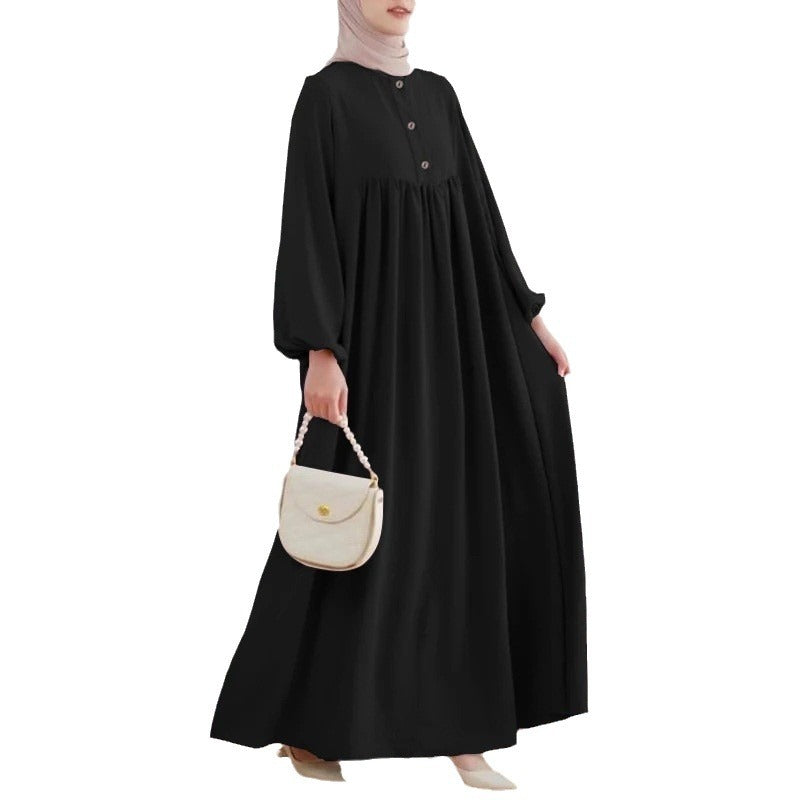 Women's Bubble Sleeves Loose Plain Modest Dress