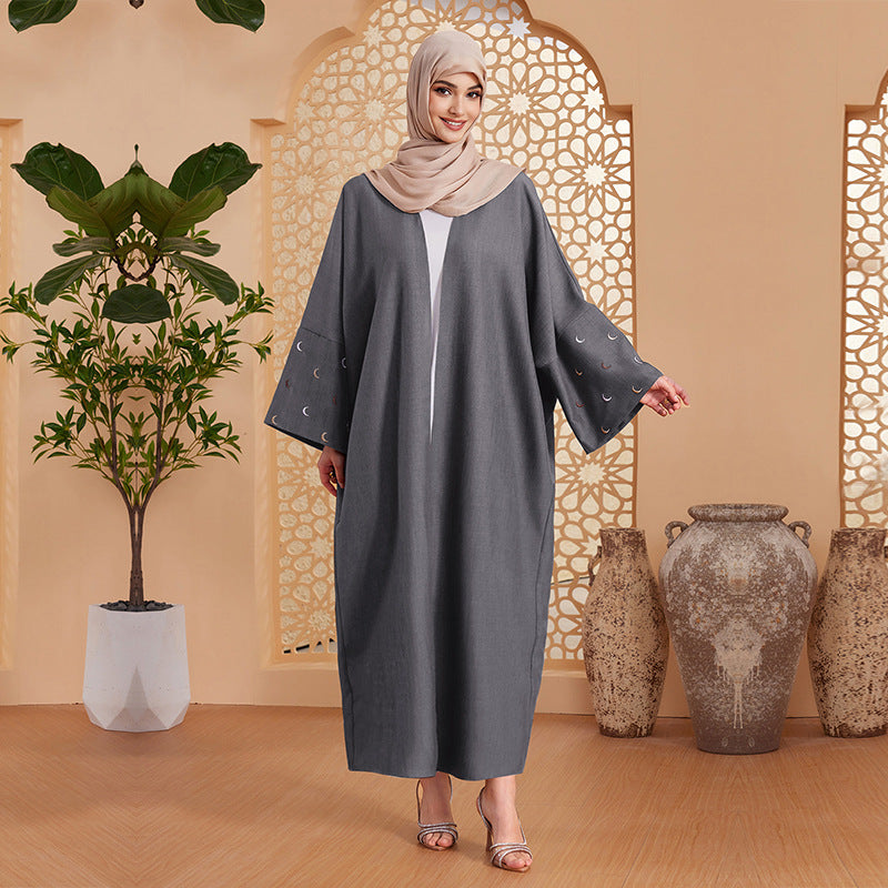Solid Open Abaya with Moon Emboridery Cuff