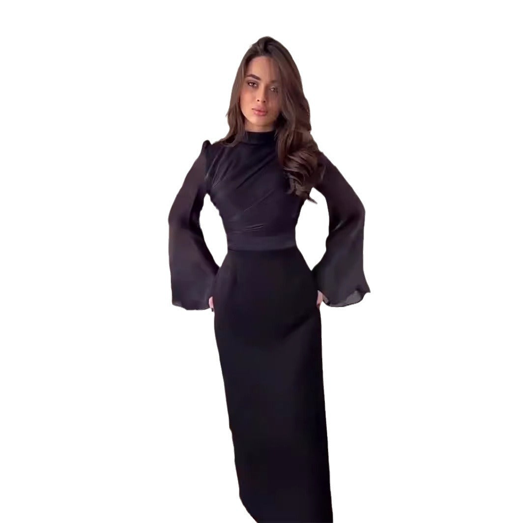 Half-high Neck Flared Sleeve Waist-cinching Hip Dress