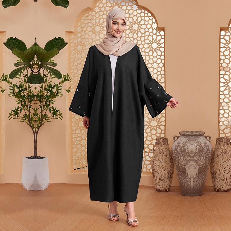 Solid Open Abaya with Moon Emboridery Cuff