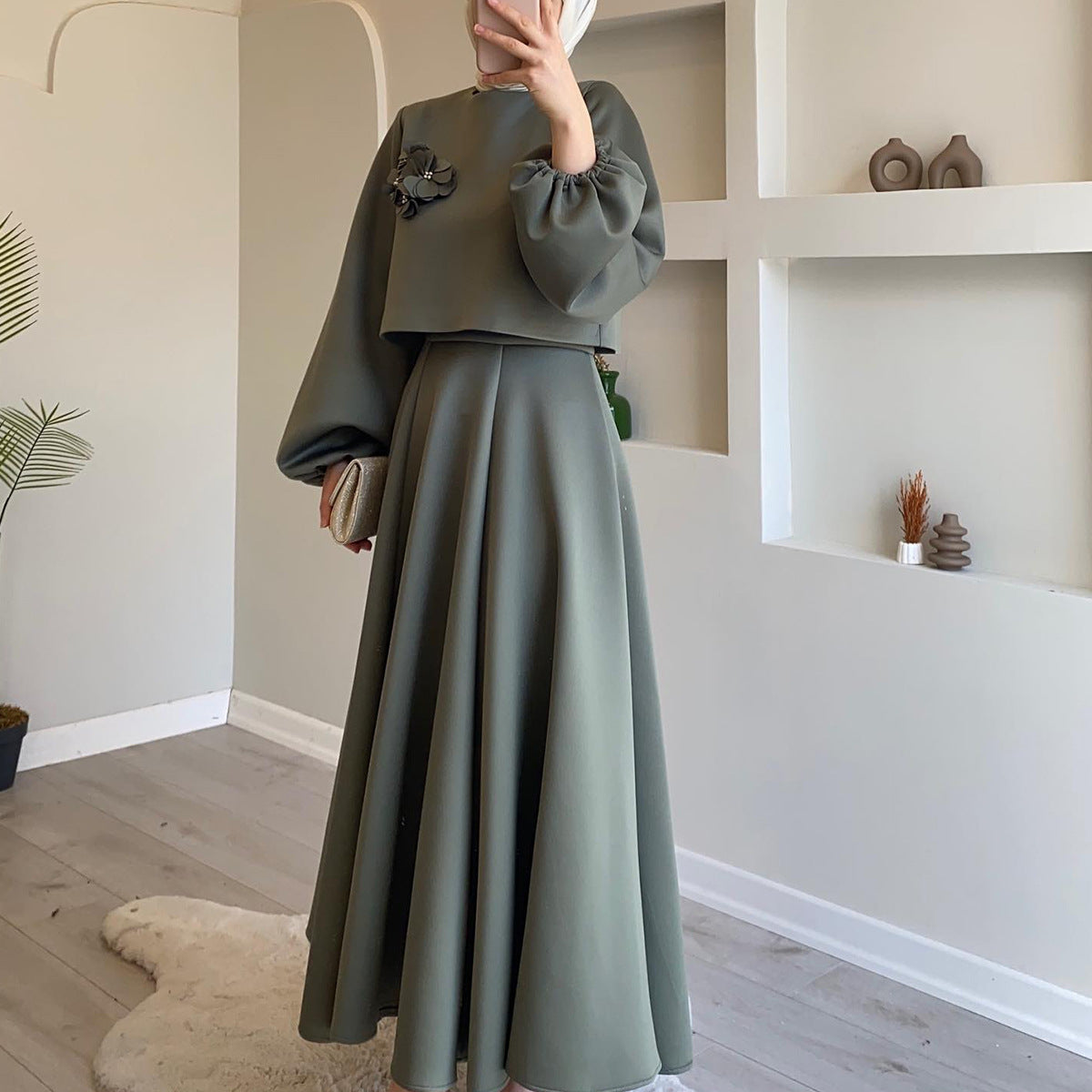 Flower Balloon Sleeve Loose Dress Two Piece Sets