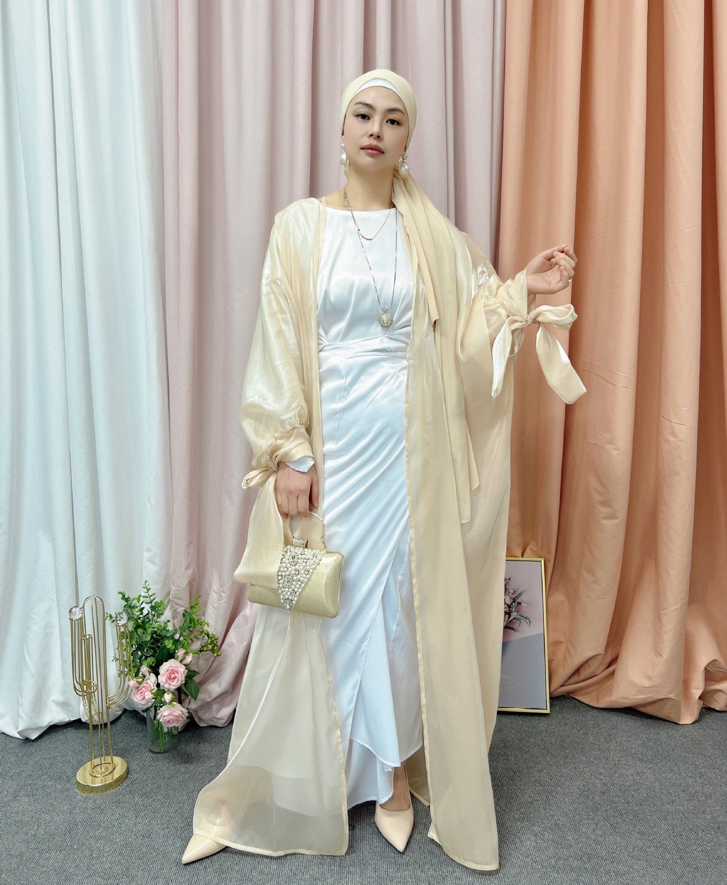 Bubble Sleeve Open Abaya Elegant Robe Dress