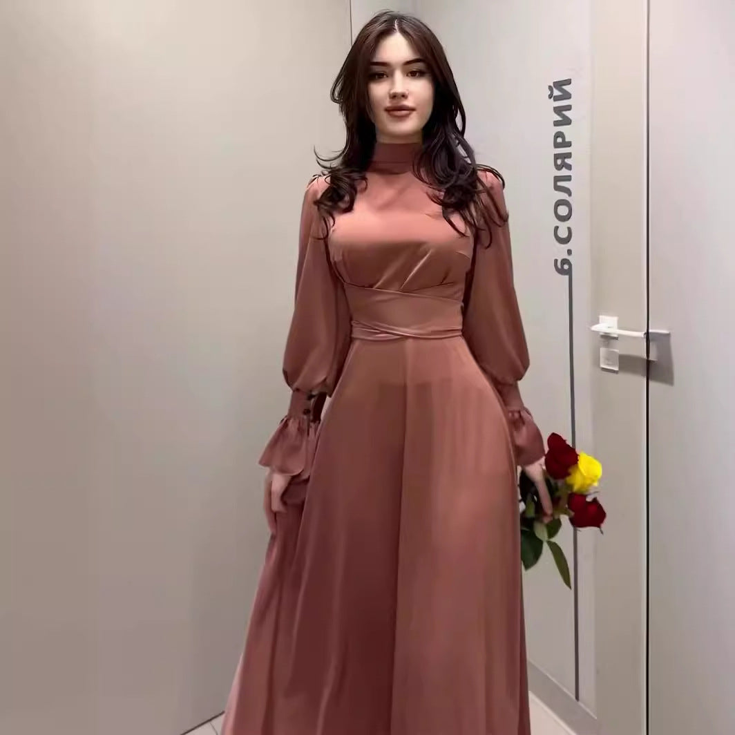 Satin Long-sleeved Waist-cinching Dress