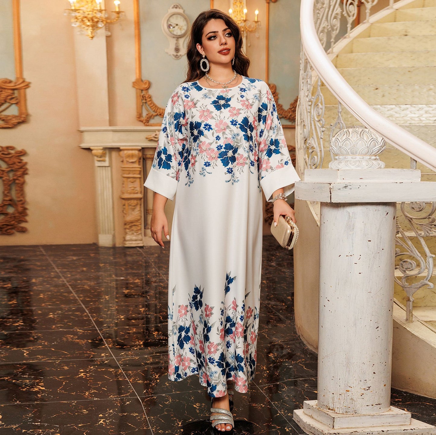 Luxury Floral Pearls Maxi Dress - White