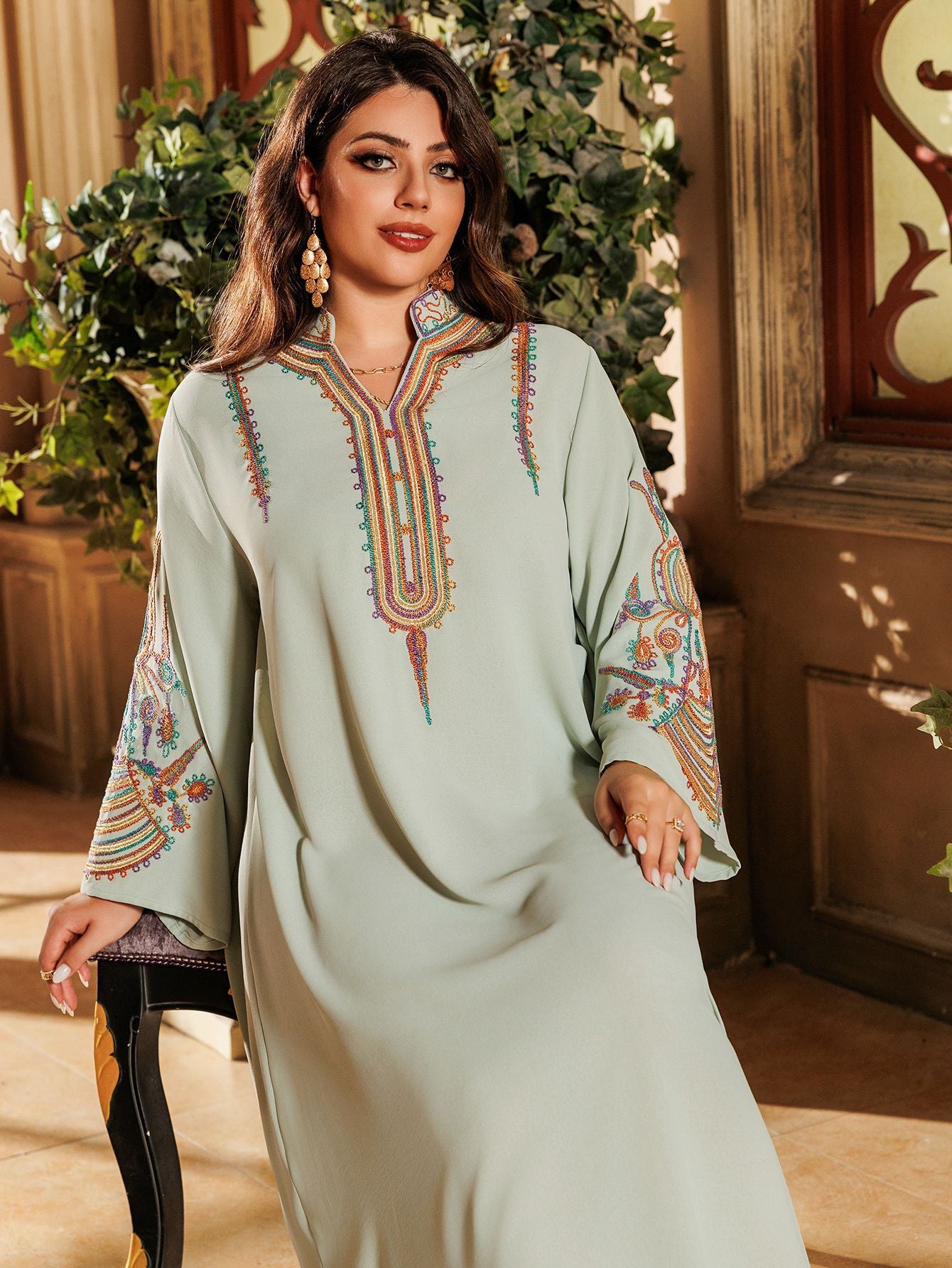 Women's Embroidered Rope Pullover Dress - LightGreen