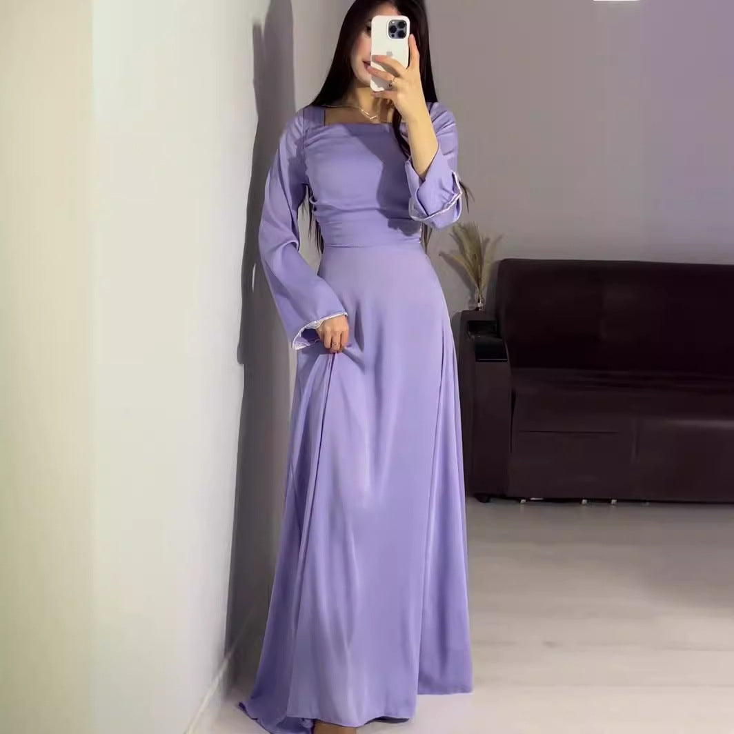 Diamond-encrusted Long-sleeved Satin Slim Dress