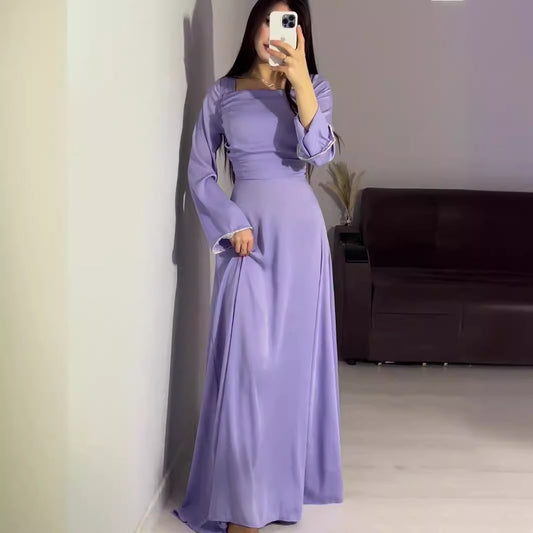 Diamond-encrusted Long-sleeved Satin Slim Dress