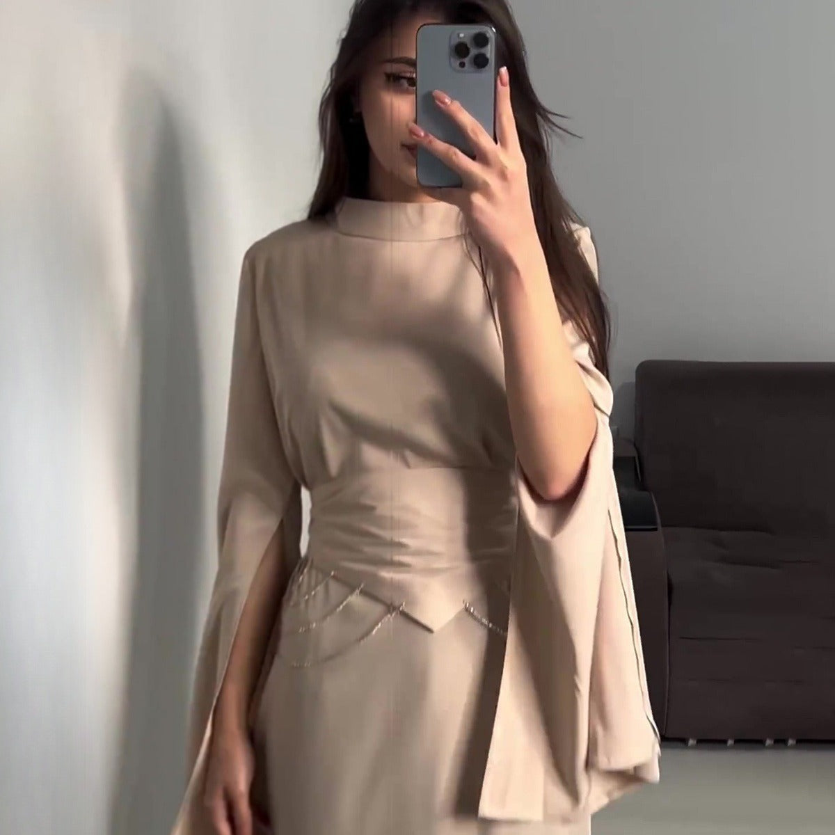 Satin Diamante Chain Waistband Sleeve Split Maxi Dresses