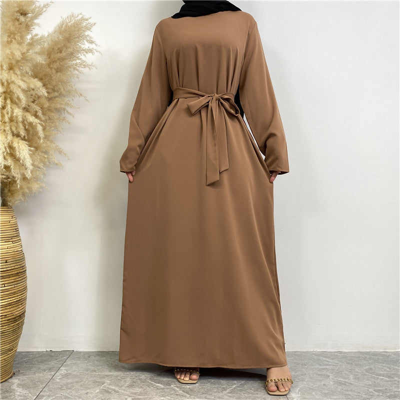 Women's Plain Lace-up Pocket Abaya Dress