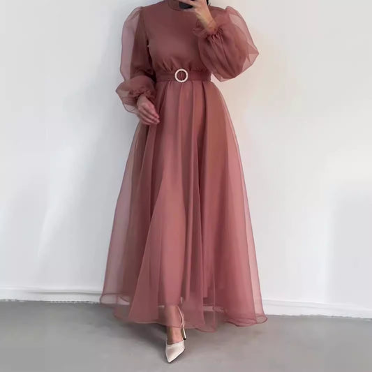 Women's Half-neck Mesh Balloon Sleeve Dress