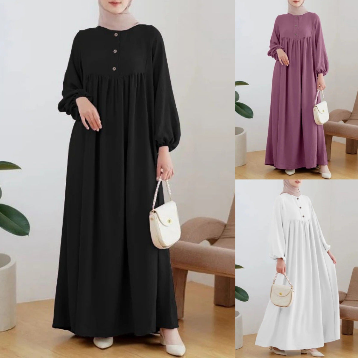 Women's Bubble Sleeves Loose Plain Modest Dress