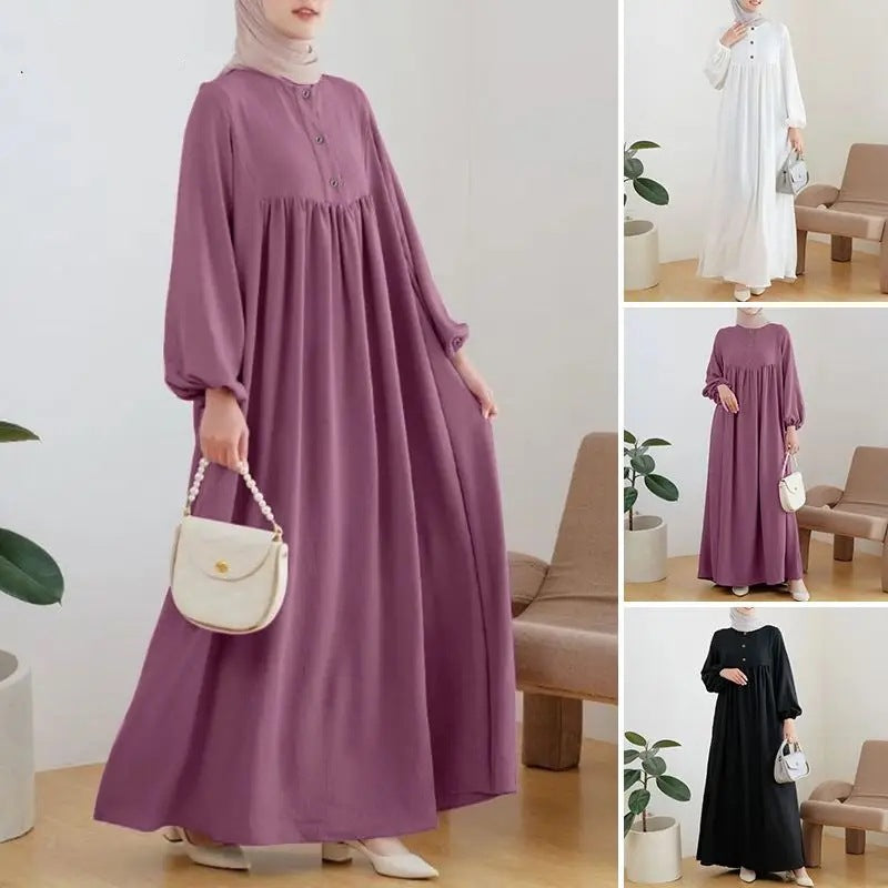 Women's Bubble Sleeves Loose Plain Modest Dress