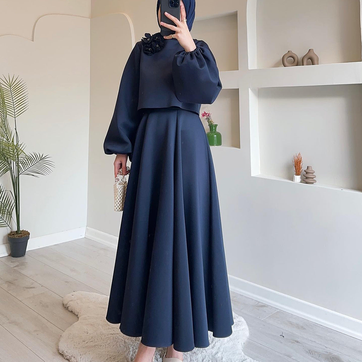 Flower Balloon Sleeve Loose Dress Two Piece Sets