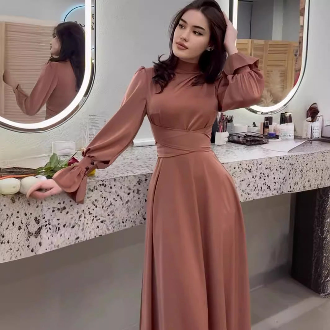 Satin Long-sleeved Waist-cinching Dress