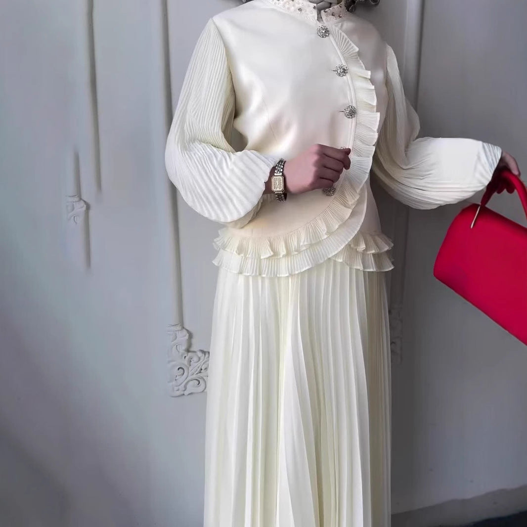 Fungus-trimmed Subpleated Loose Skirt Set