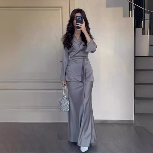 Satin Patchwork Waist Design Maxi Skirt Set
