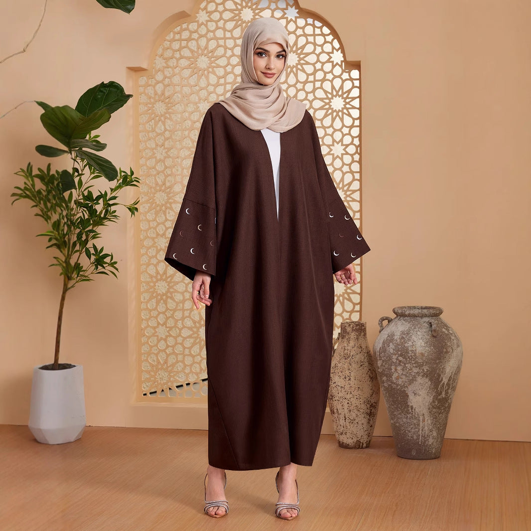 Solid Open Abaya with Moon Emboridery Cuff