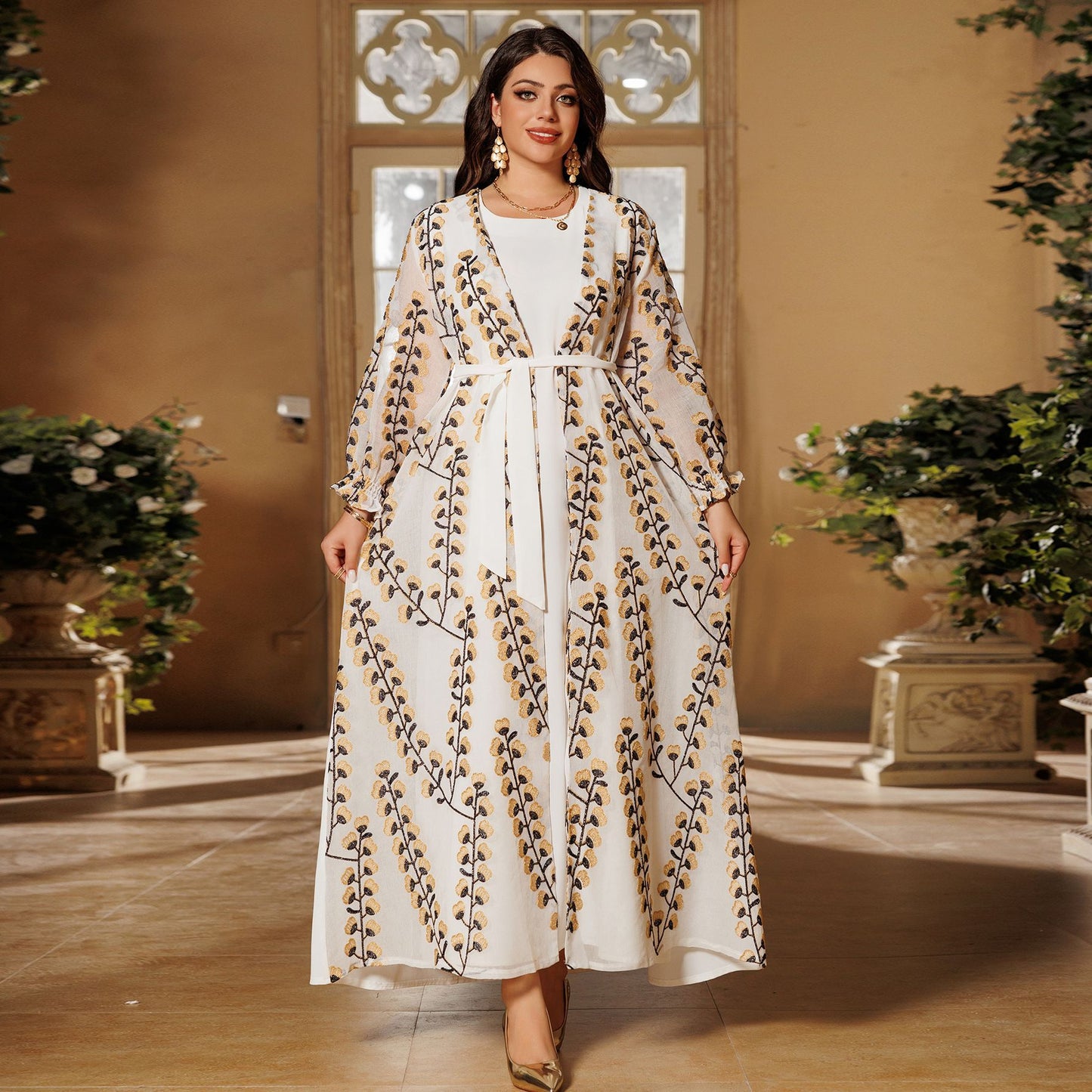 Elegant Long Sleeve Evening Dress - White