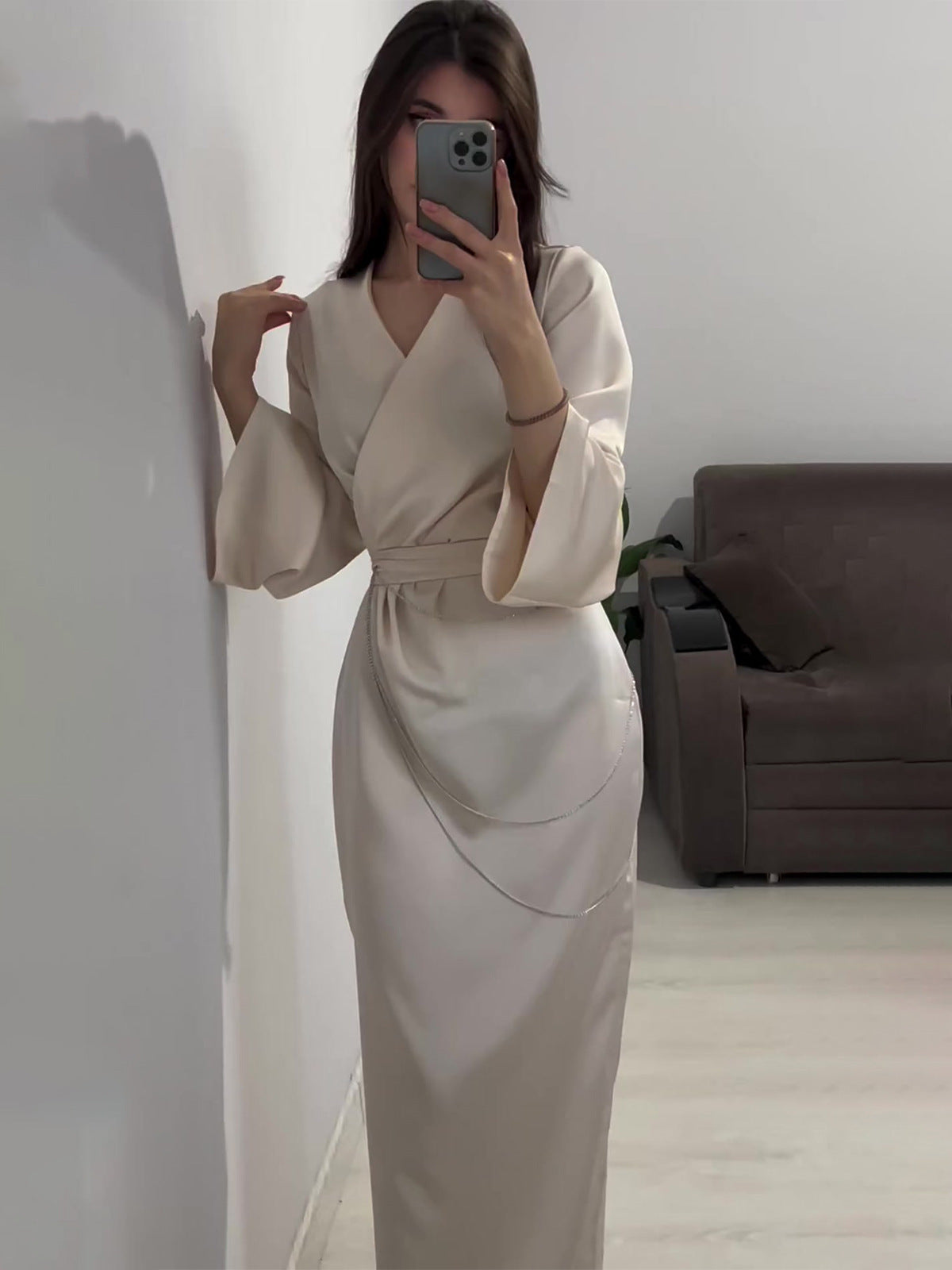 Long Waist-cinched Chain Satin Dress