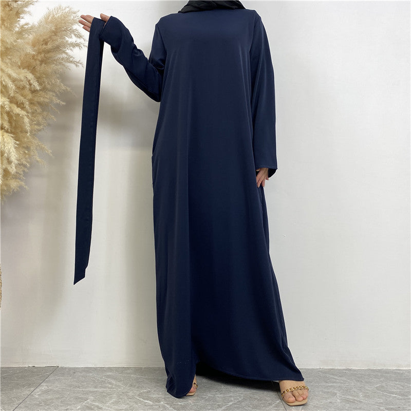 Women's Plain Lace-up Pocket Abaya Dress