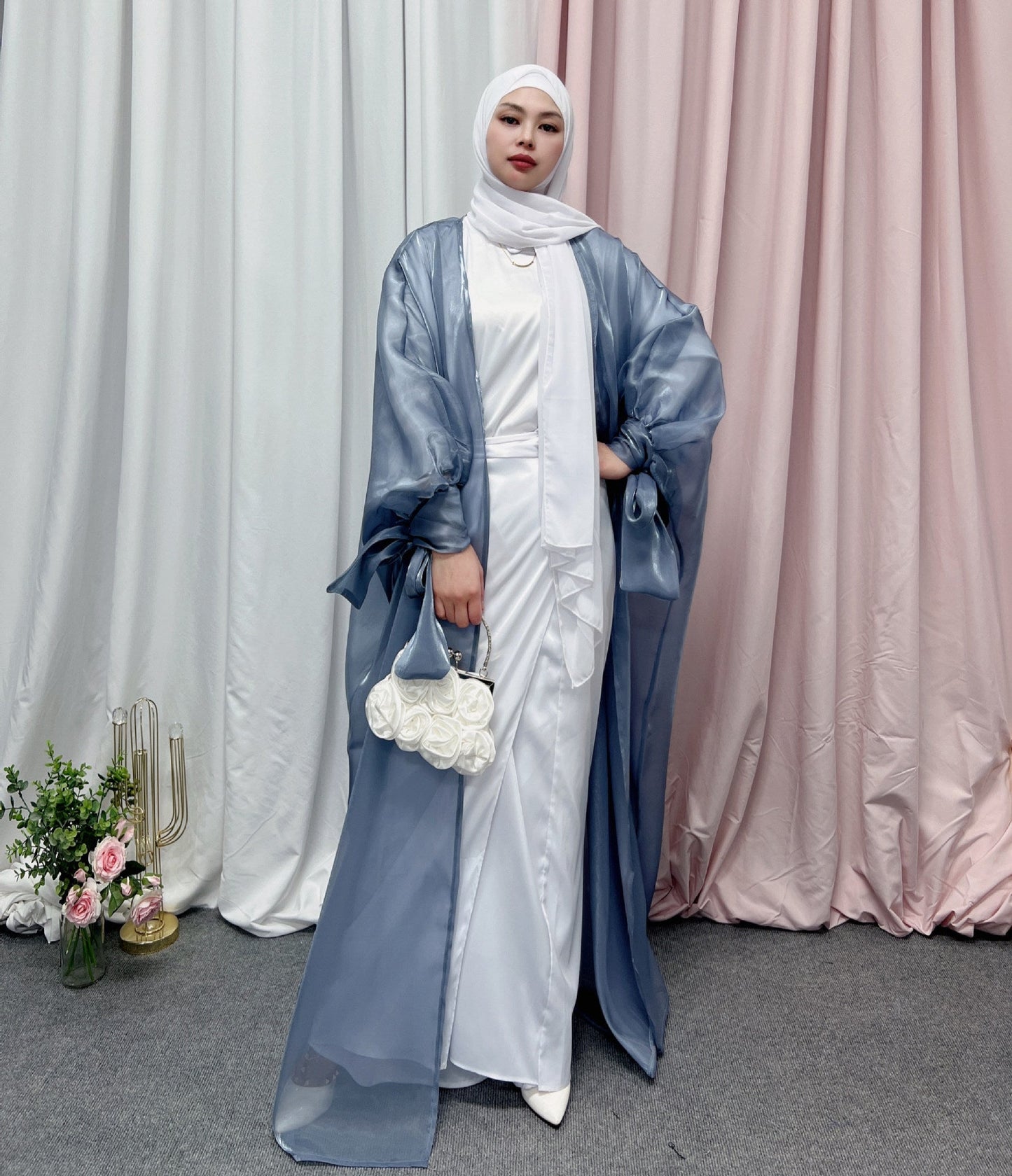 Bubble Sleeve Open Abaya Elegant Robe Dress