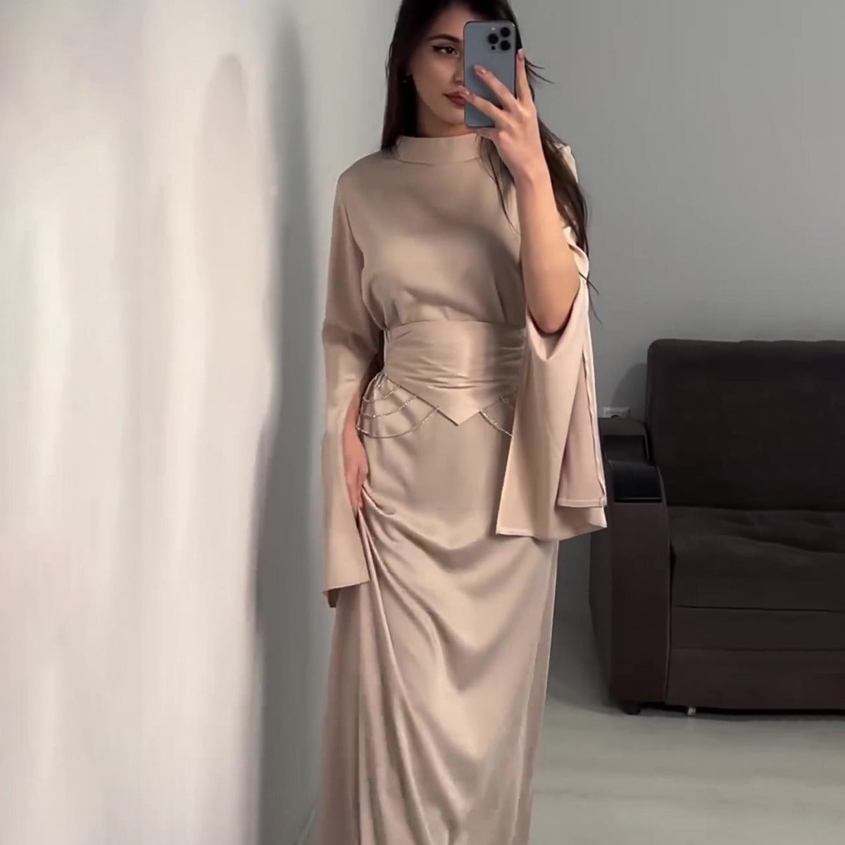 Satin Diamante Chain Waistband Sleeve Split Maxi Dresses