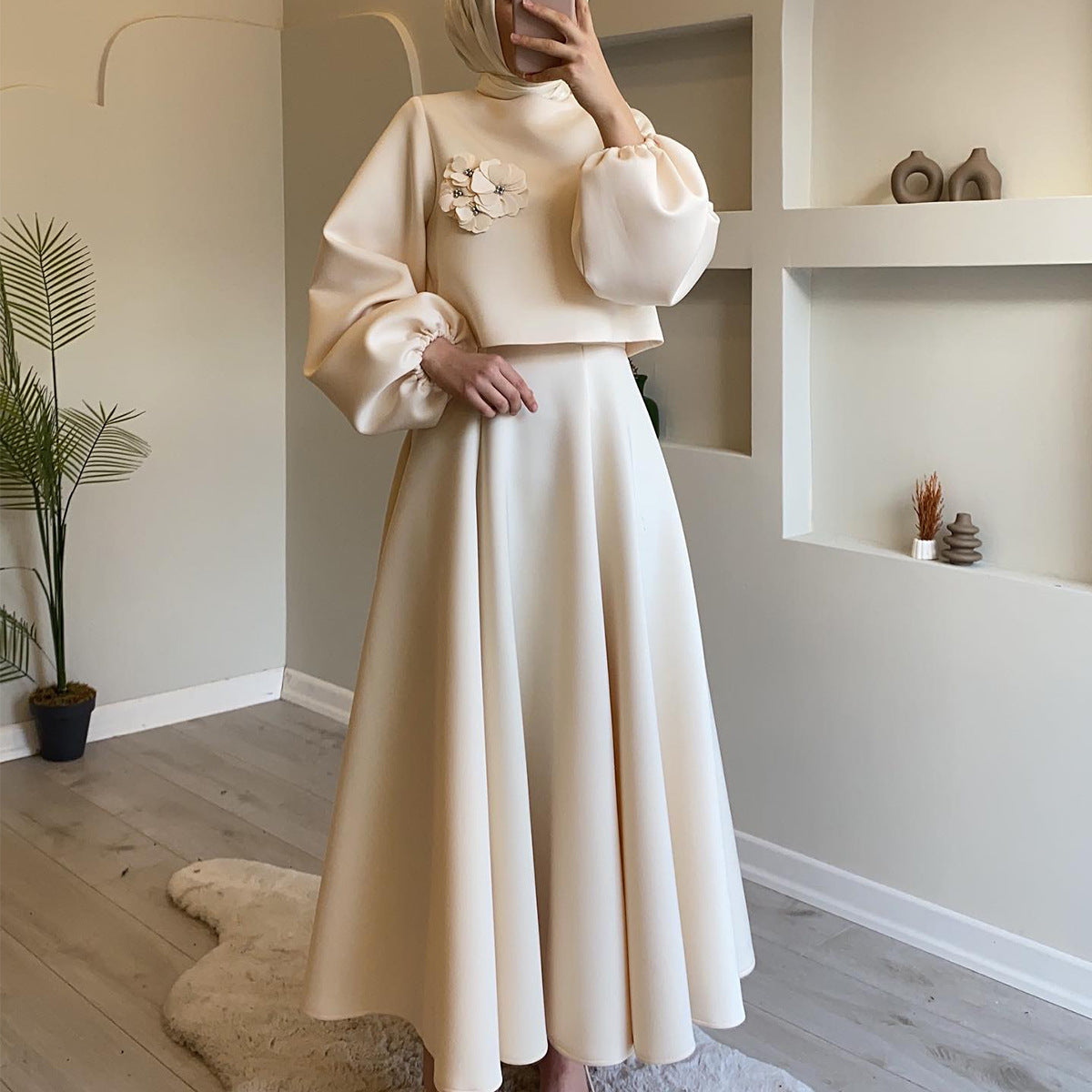 Flower Balloon Sleeve Loose Dress Two Piece Sets