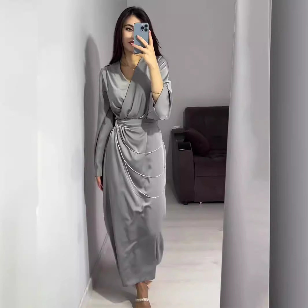 Long Waist-cinched Chain Satin Dress