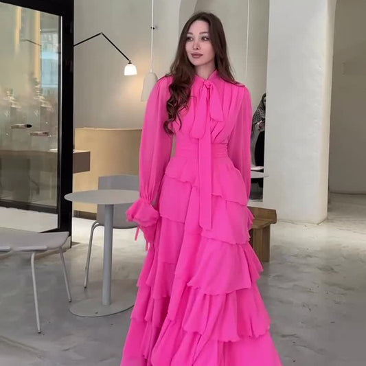 Ruffled Panels Chiffon Half-neck Dress