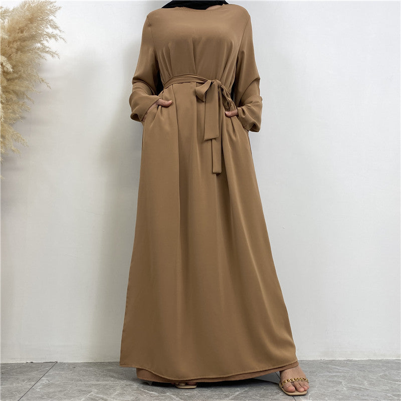 Women's Plain Lace-up Pocket Abaya Dress