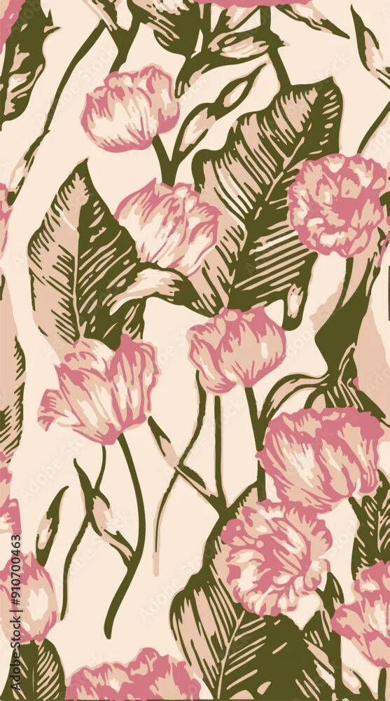 pink carnations and olive‑green leaves scatter across a warm beige canvas, evoking a relaxed garden vibe.