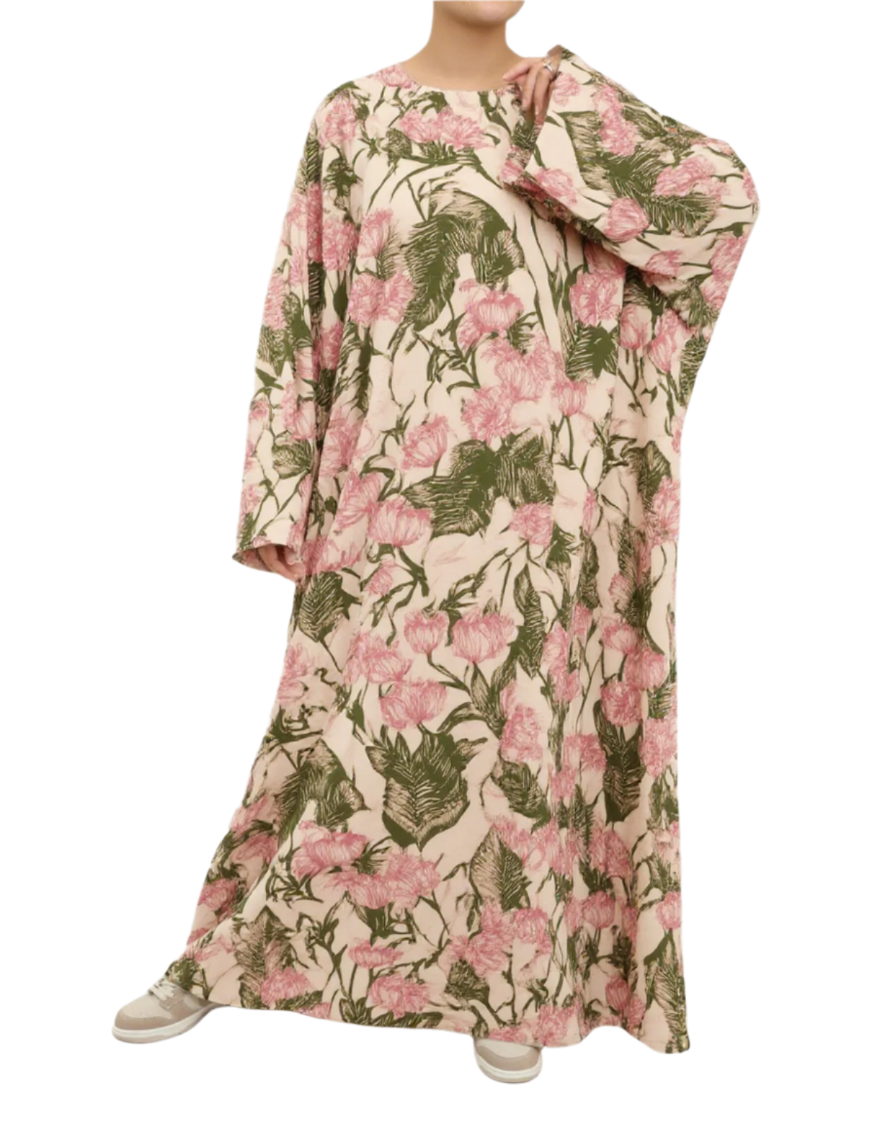 Floral kaftan maxi dress with pink carnation and green leaves on a plain beige background