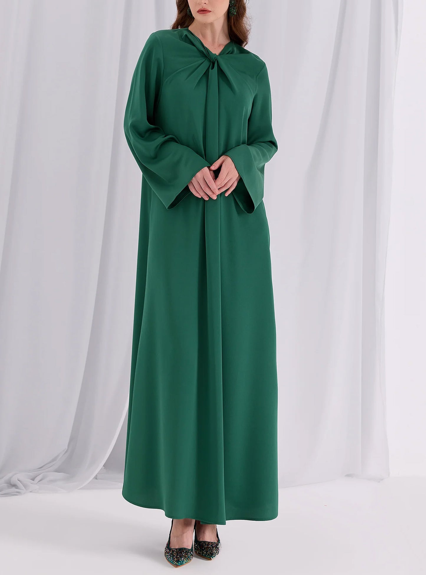 Green Ruffle Modest Muslim Maxi Abaya Dress-Green
