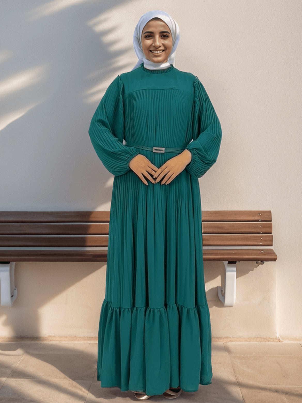 Muslim Pleated Abaya Dress - Green