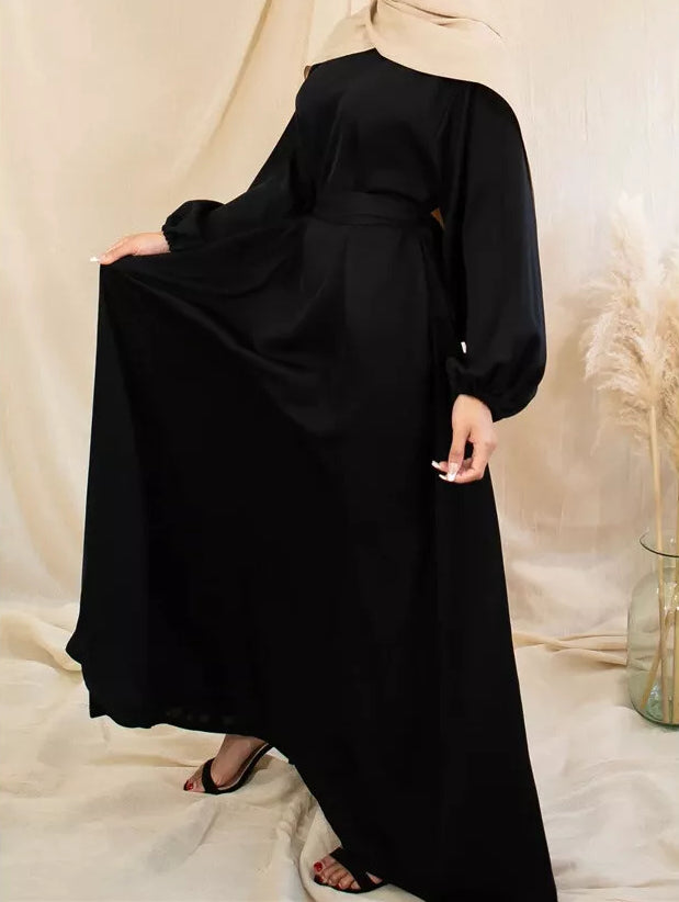 Zeenat Solid Satin Abaya Dress - Night Black