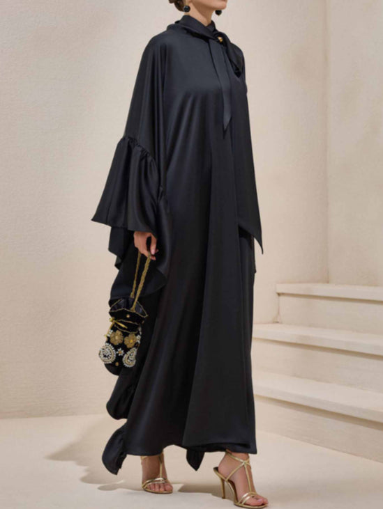 Tie Bow Big Ruffles Satin Kaftan - Night Black