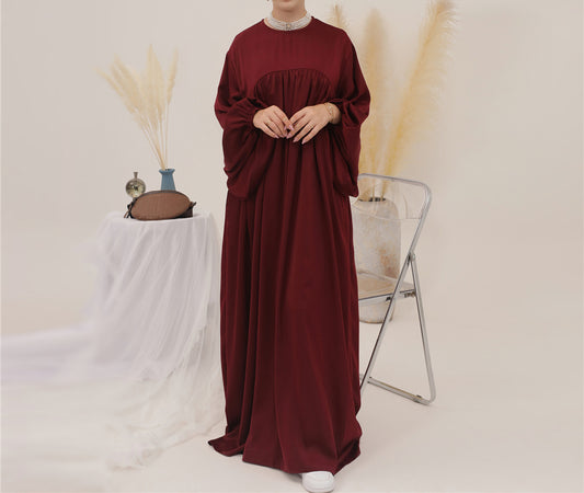Eternal Blossom Satin Abaya Dress - Maroon