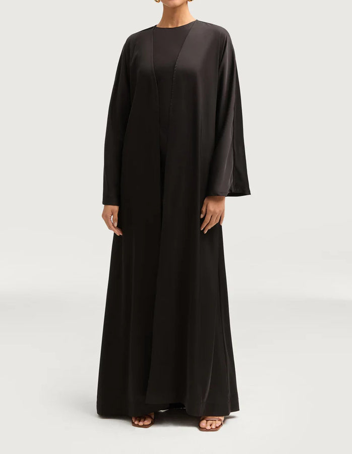 Sophia Heavy Satin Open Abaya Robe - Night Black
