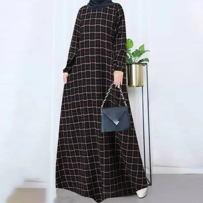 Women's Plaid Crewneck Modest Dress - Black