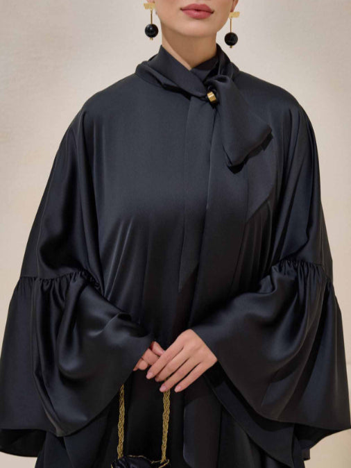 Tie Bow Big Ruffles Satin Kaftan - Night Black