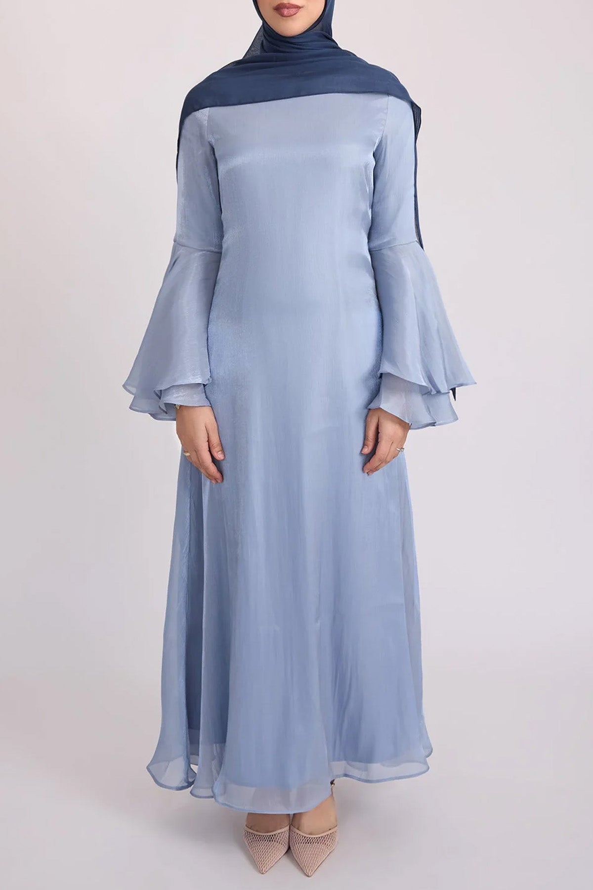 Elegant Solid Color Satin Wide Ruffled Sleeve Abaya Maxi Dress for Women