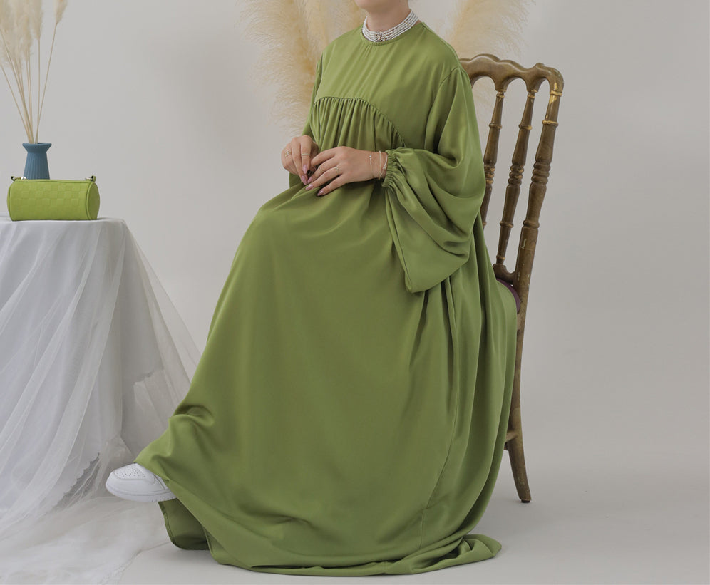 Eternal Blossom Satin Abaya Dress - Olive Green