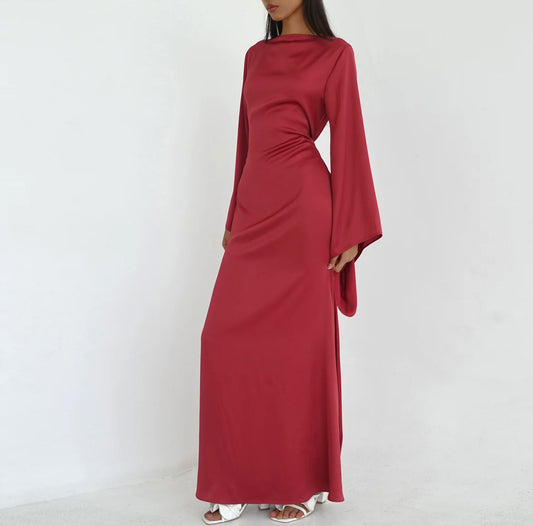 Solid Color Off-the-Shoulder Asymmetric Statement Sleeve Elegant Abaya Maxi Dress for Women-Red