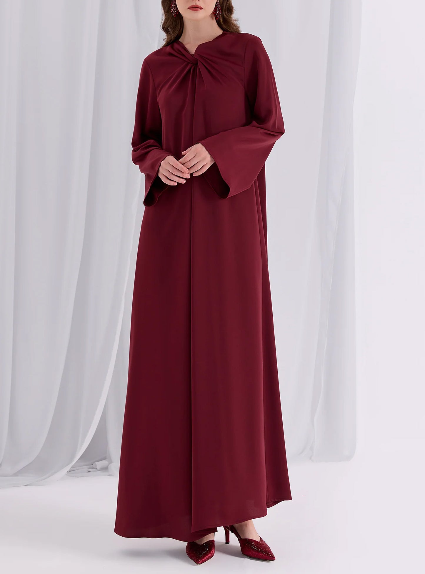 Green Ruffle Modest Muslim Maxi Abaya Dress-Dark Red