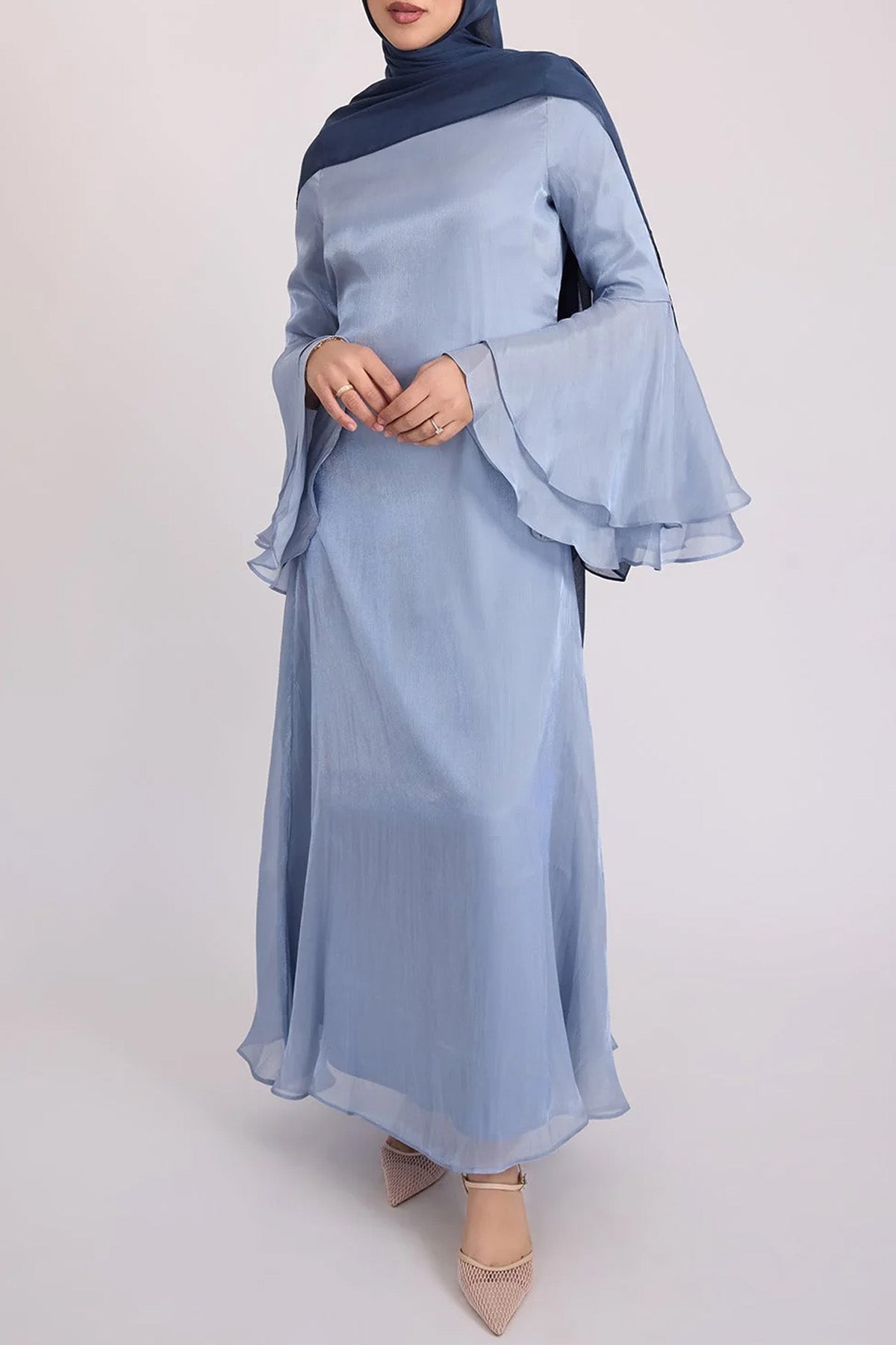 Elegant Solid Color Satin Wide Ruffled Sleeve Abaya Maxi Dress for Women