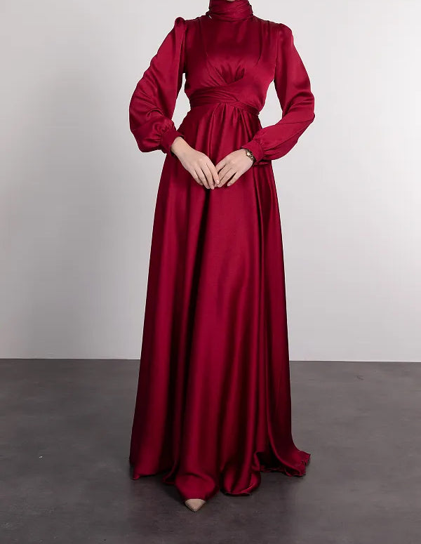 Satin Abaya Crossed Belted Evening Dress - Red