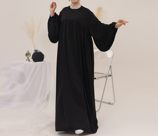 Eternal Blossom Satin Abaya Dress - Shiny Black