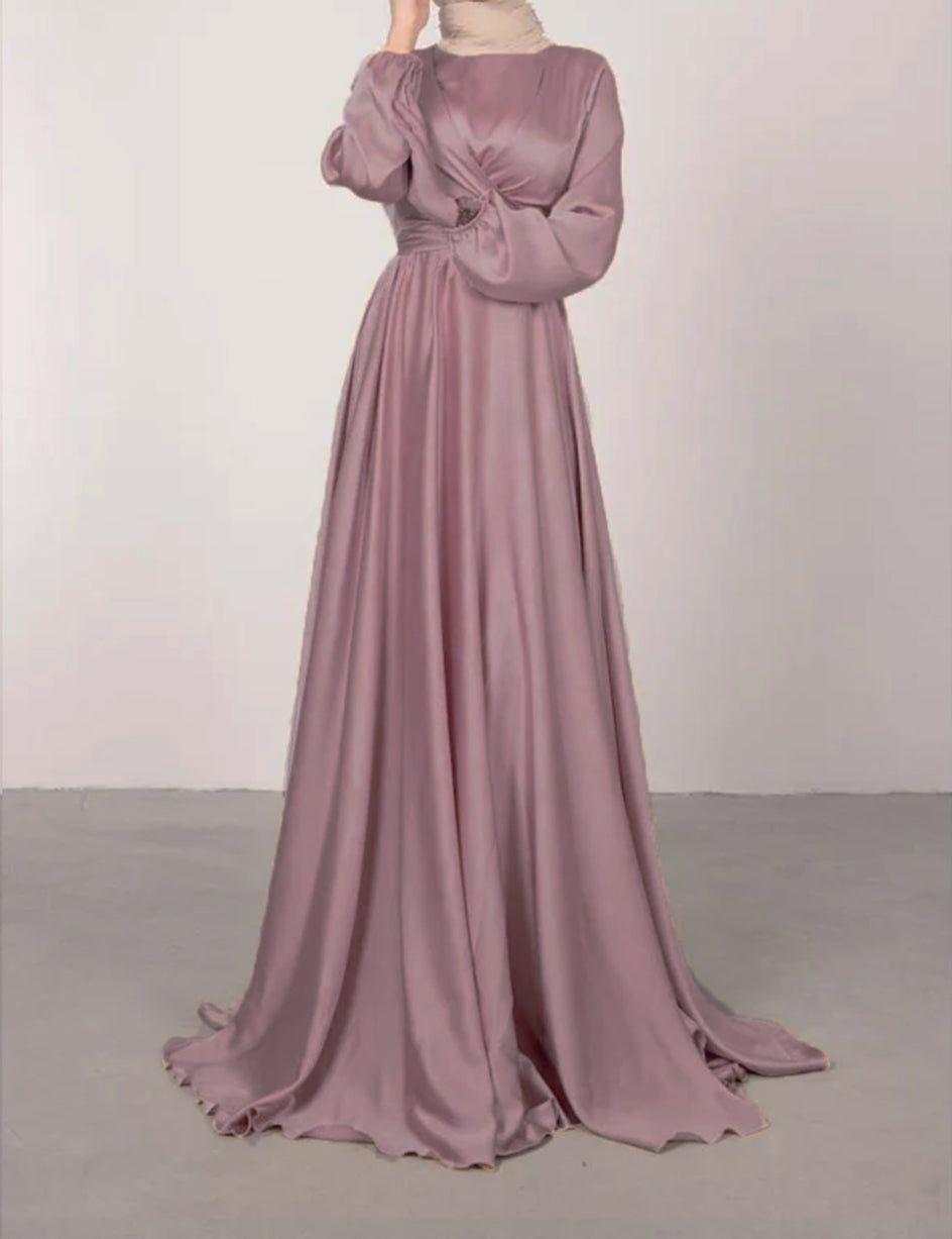 Satin Abaya Crossed Belted Evening Dress - Purple